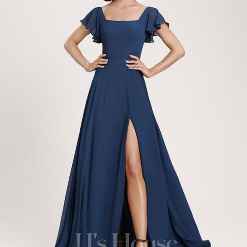 JJs House Navy Square-Neck Maxi Dress with Flutter Sleeves and Thigh Slit